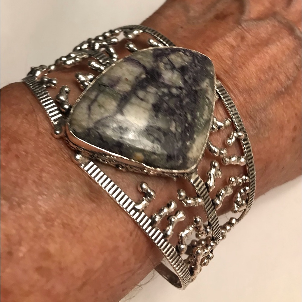 Ocean Jasper Stamped Solid 925 Sterling Silver Cuff Bracelet